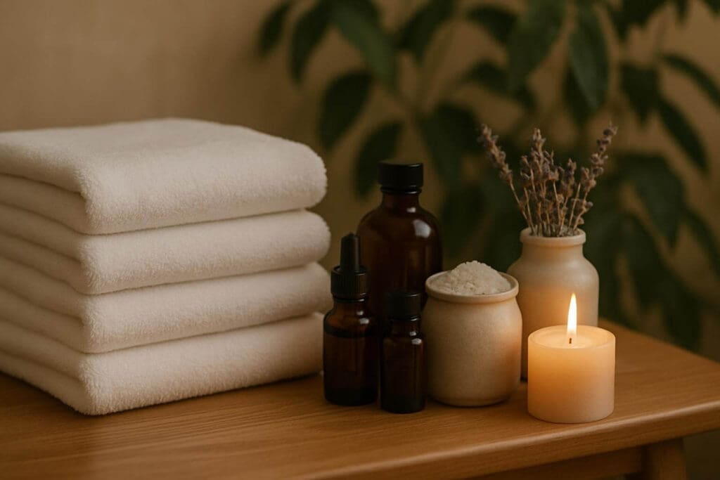 Fresh towels and aromatherapy products arranged for spa treatment