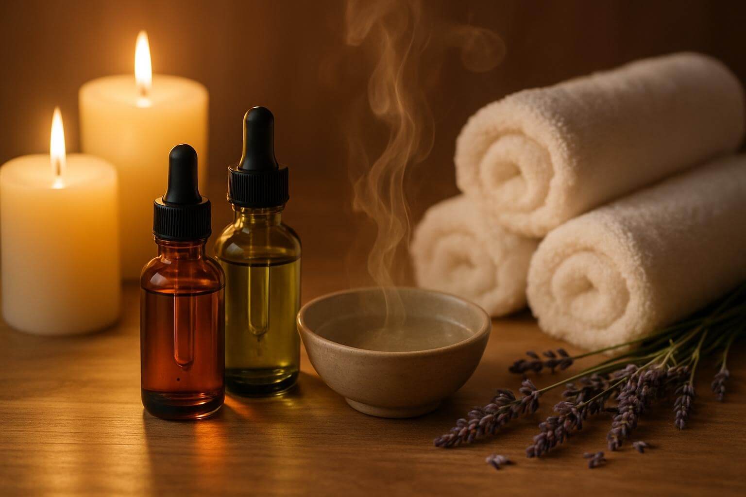 Lit candles and essential oils for a relaxing massage