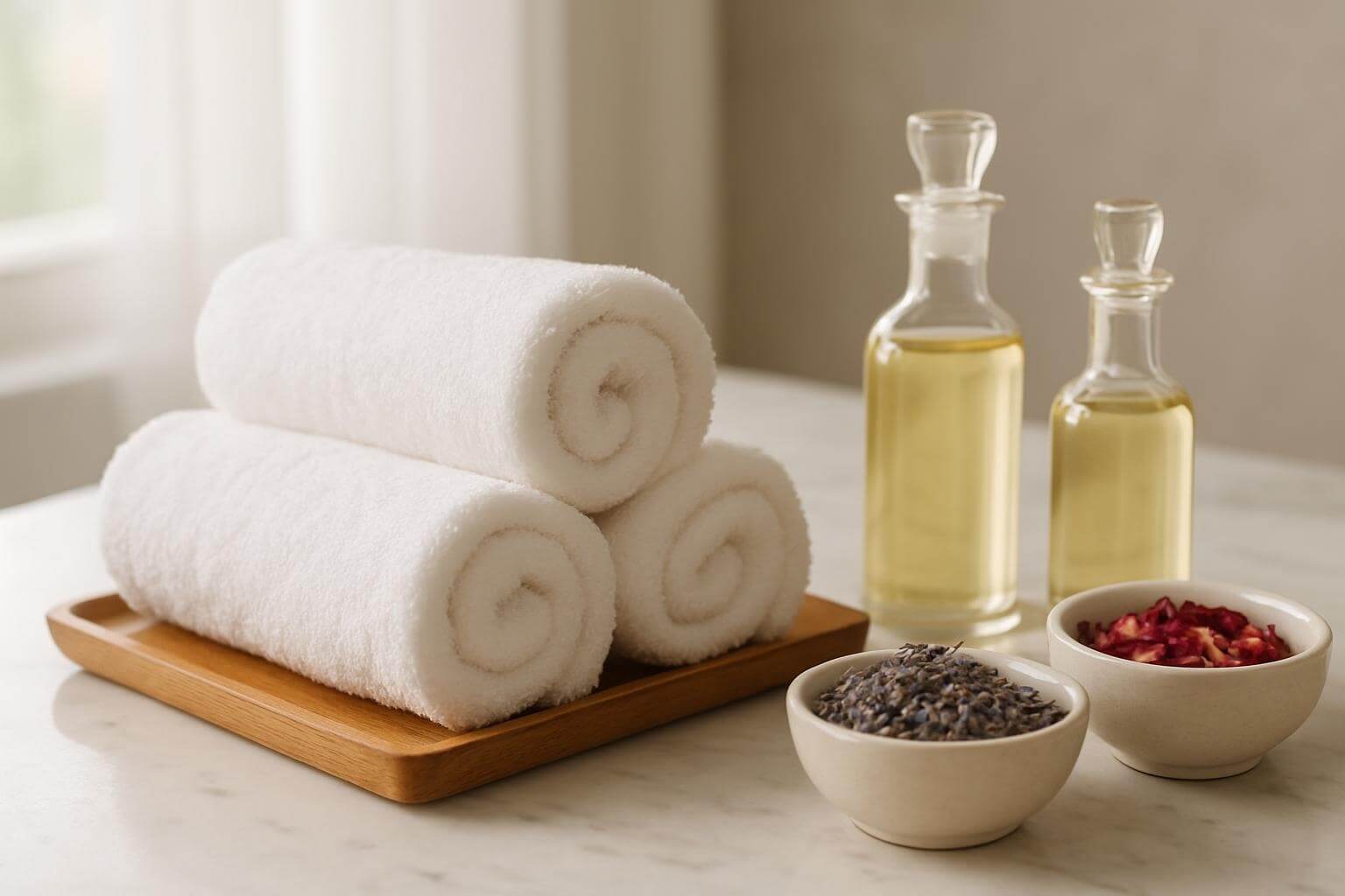 Fresh towels and aromatherapy products arranged for spa treatment