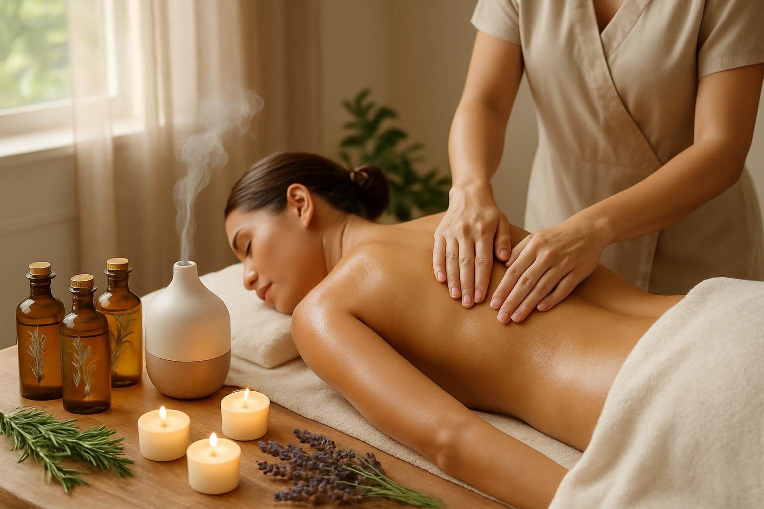Hands performing gentle back massage with aromatherapy oil