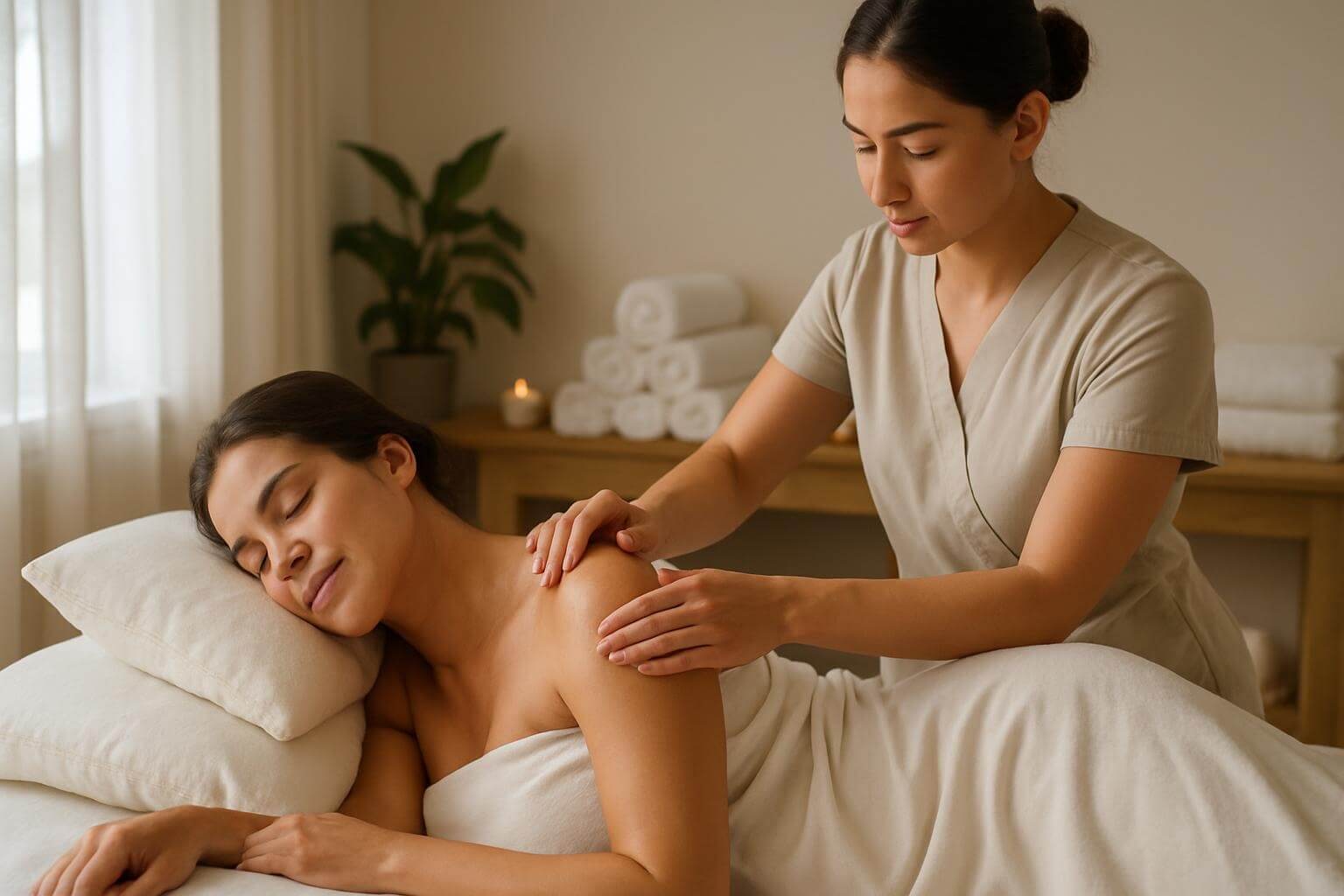 Close-up of a pregnant woman’s back being massaged by a therapist with caring hands