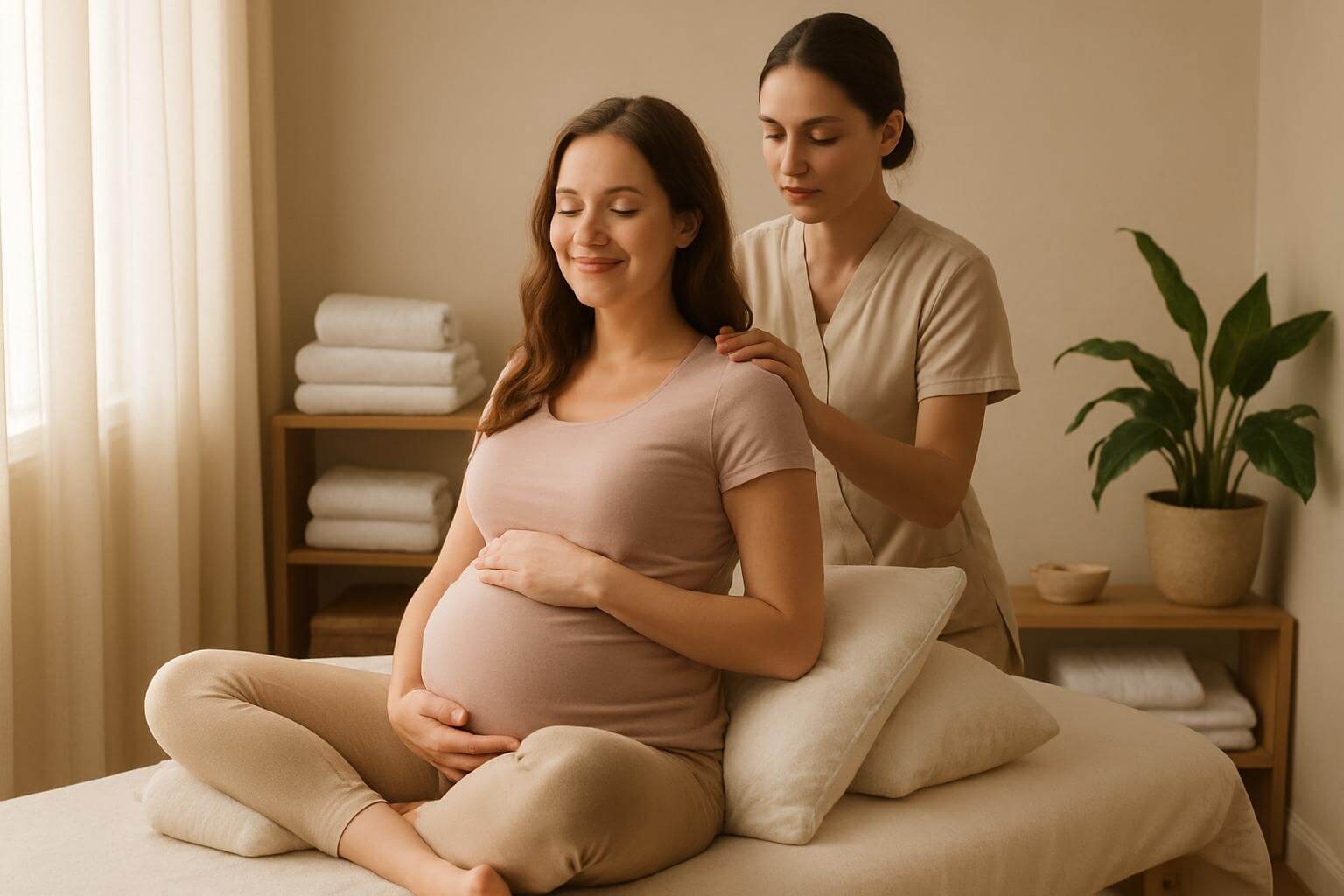 Pregnant woman sitting comfortably on a massage table with support pillows, smiling as therapist adjusts her position