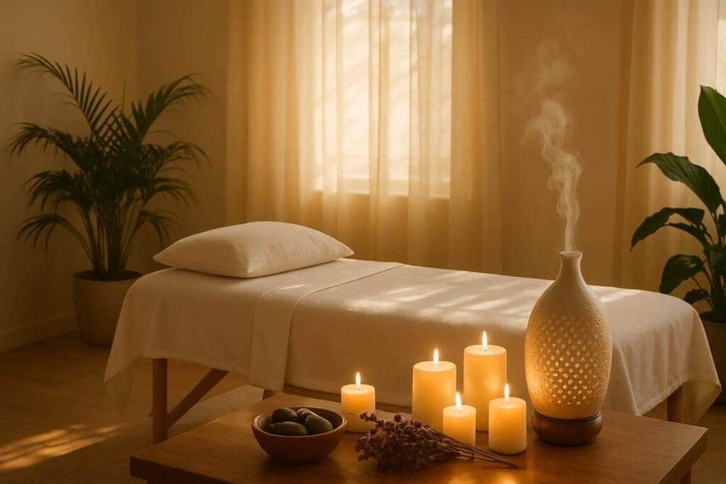 Serene massage room ready for aromatherapy treatment