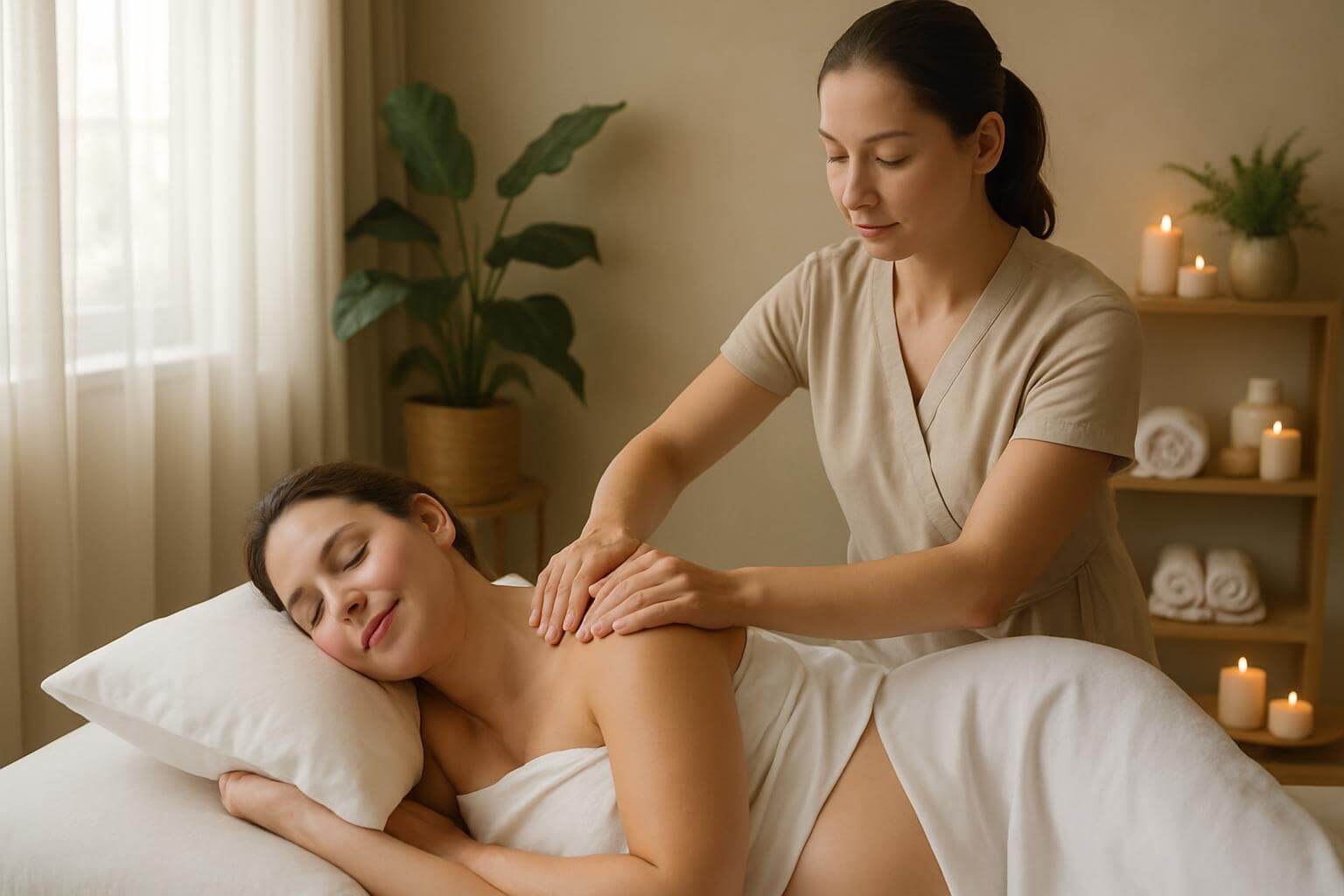 Therapist applying oil to a pregnant woman’s shoulders and neck during a prenatal massage session