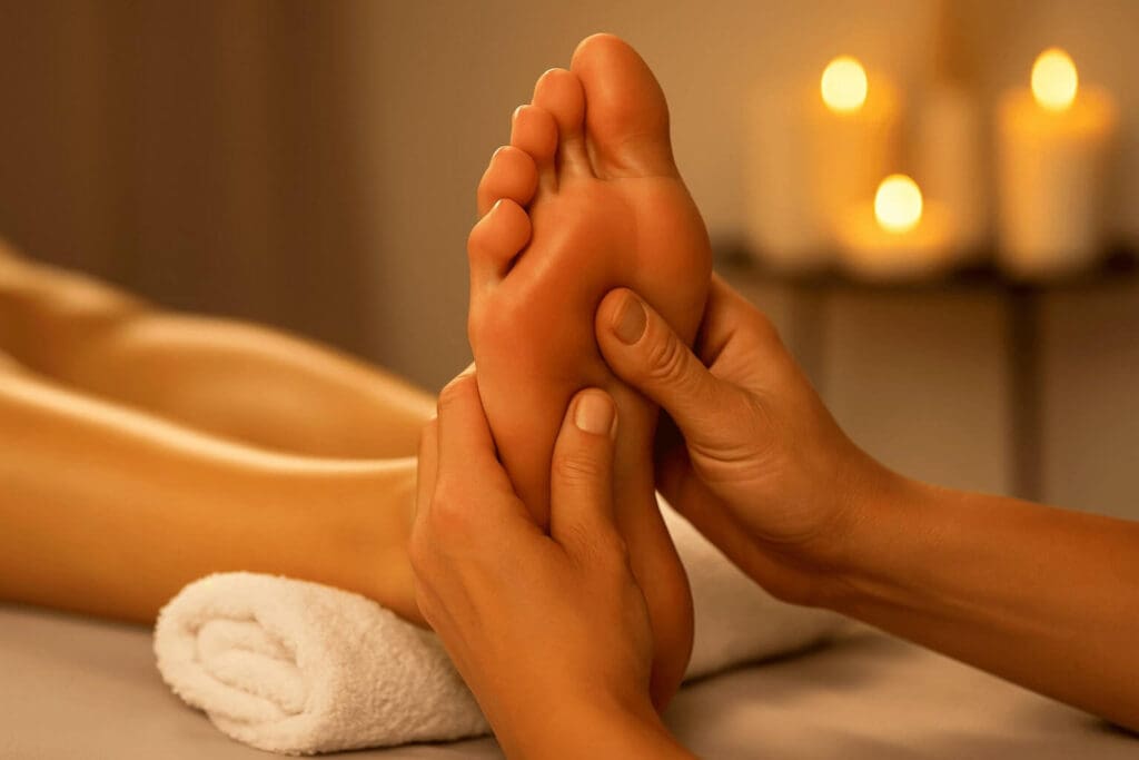 Close-up of a reflexologist’s thumbs applying pressure to the arch of a client’s foot during a session.