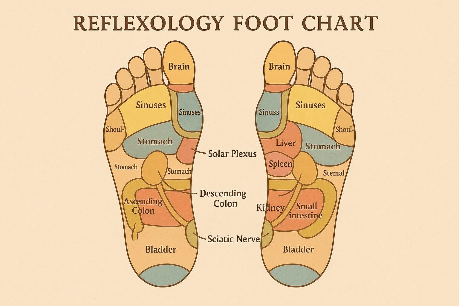 An illustrative reflexology foot chart highlighting pressure points that correspond to different body organs.