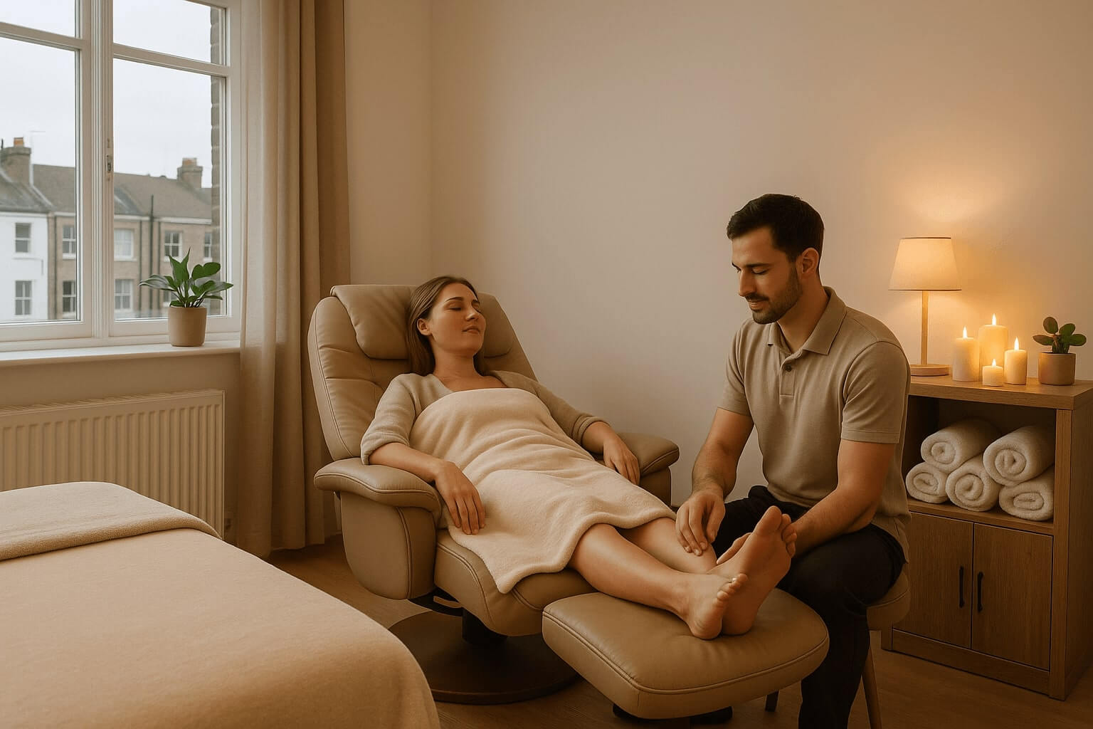 A professional reflexologist gently kneading the sole of a client’s foot in a peaceful spa treatment room.