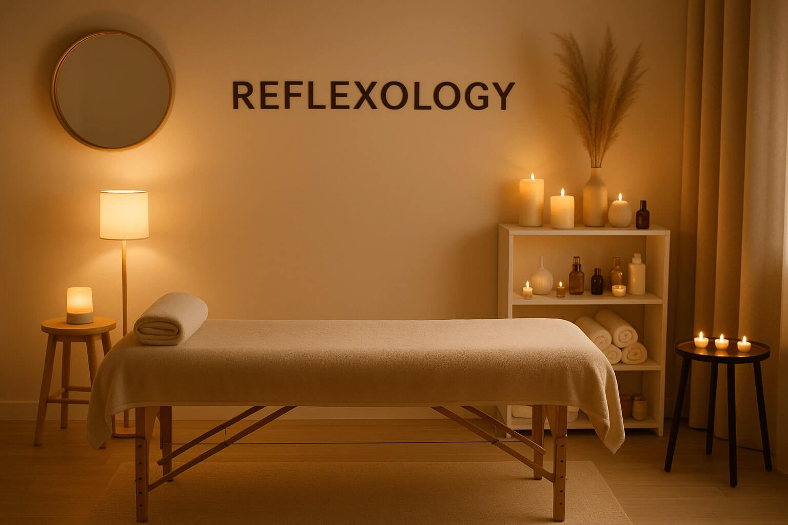 A serene spa environment with candles and aromatherapy oils on a table, ready for a reflexology treatment.