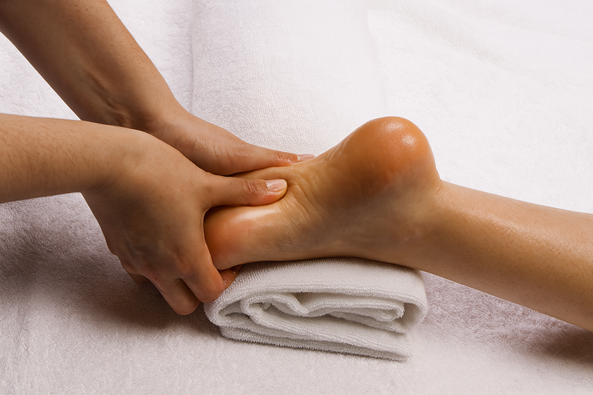 Close-up view of a reflexology foot massage session, showing a therapist applying pressure to the sole of a relaxed client's foot on a white towel.